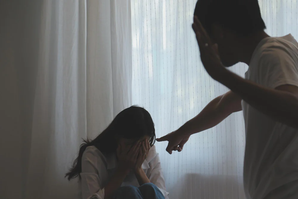 친생자 관계 확인 소송|남성이 여성에게 위협적인 태도를 보이는 갈등 상황