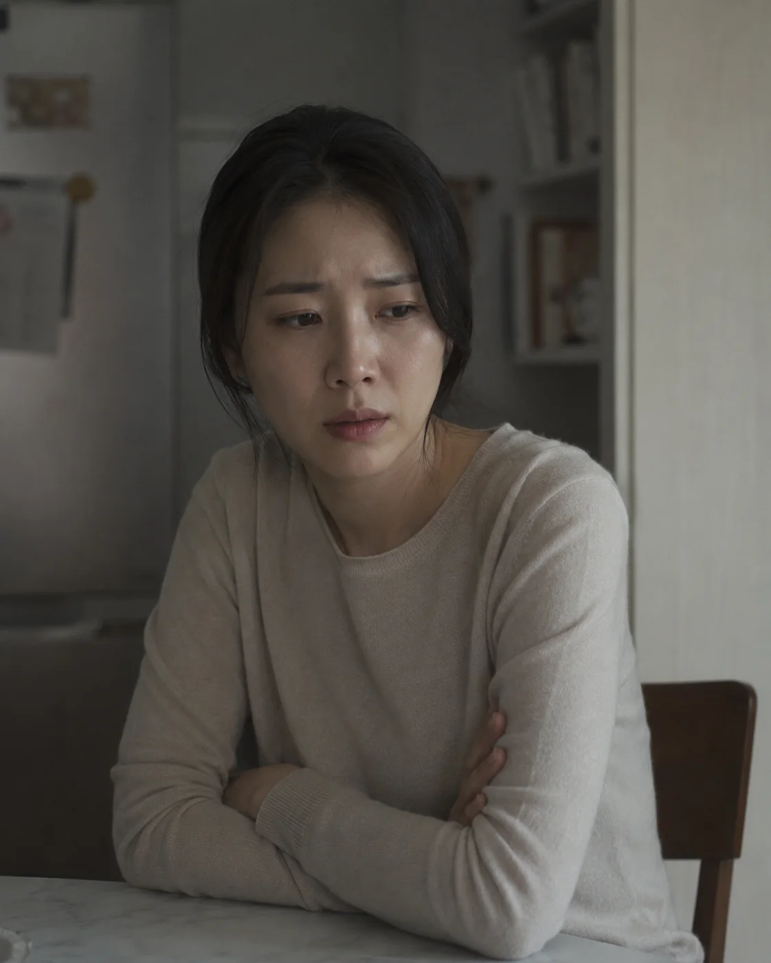 이혼 위자료 청구 사유|슬픈 표정으로 팔짱을 끼고 고민에 잠긴 여성